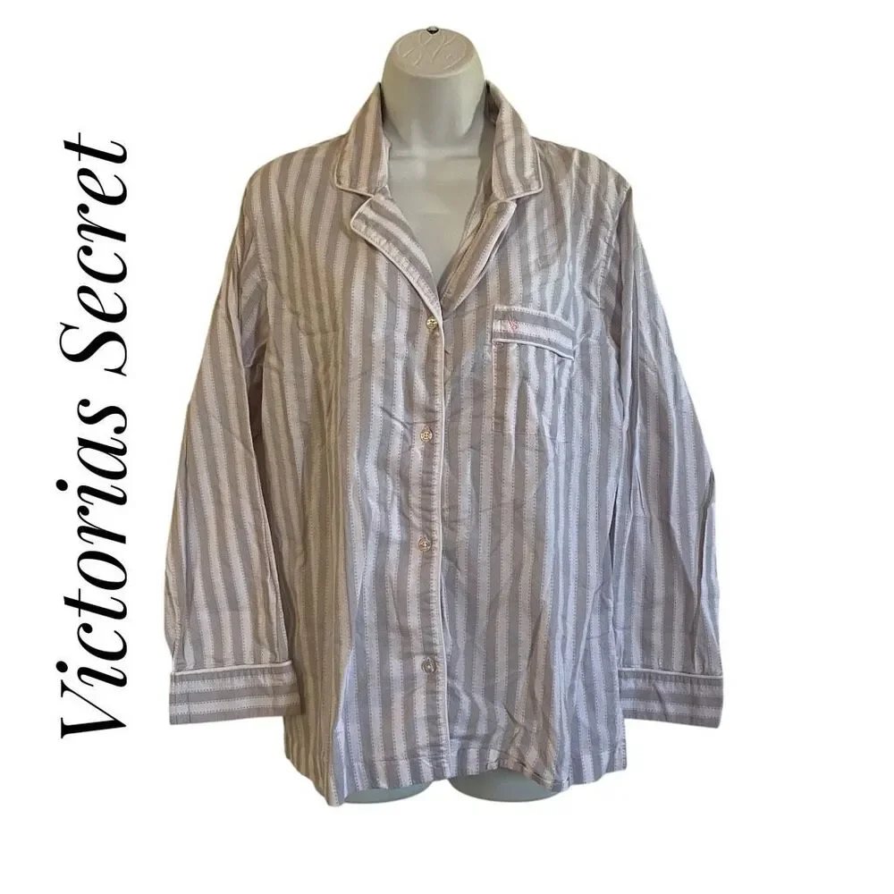 Victorias Secret Medium Long Sleeve Button Up Pajama Top Grey Pink